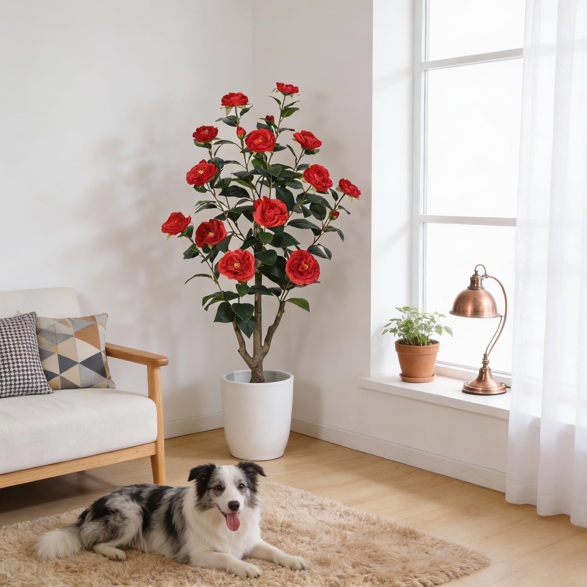 Árbol artificial de camelia de noventa centímetros con flores color rojo vibrante Garvee